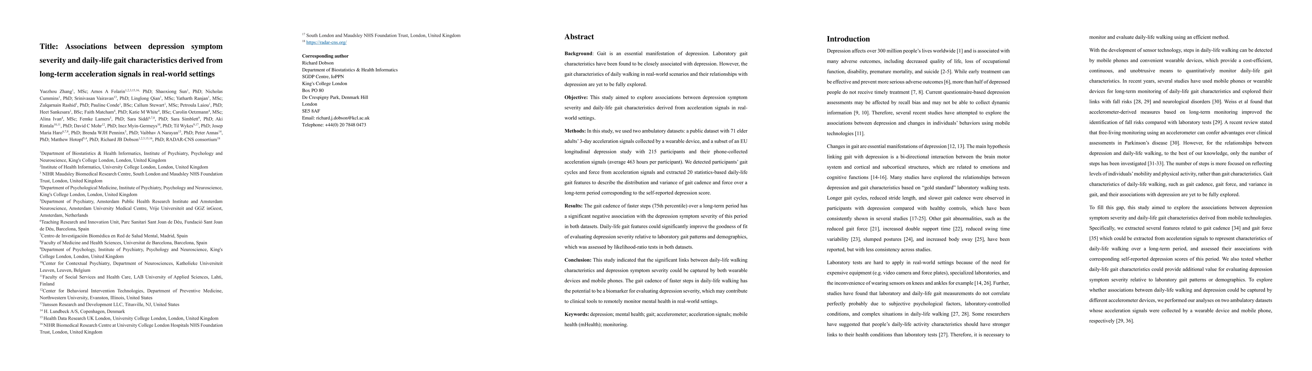 Thumbnail for Associations between depression symptom severity and daily-life gait
  characteristics derived from long-term acceleration signals in real-world
  settings