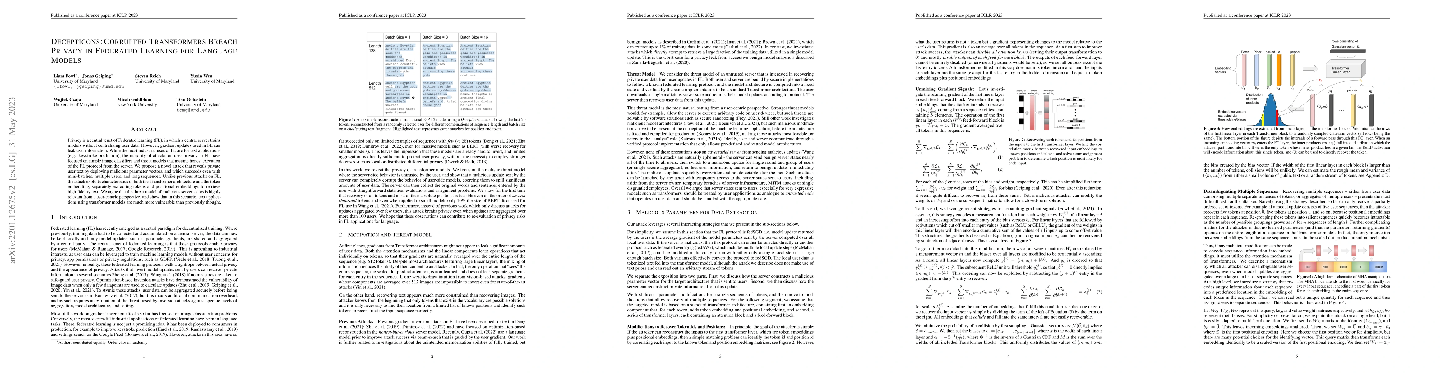Thumbnail for Decepticons: Corrupted Transformers Breach Privacy in Federated Learning
  for Language Models