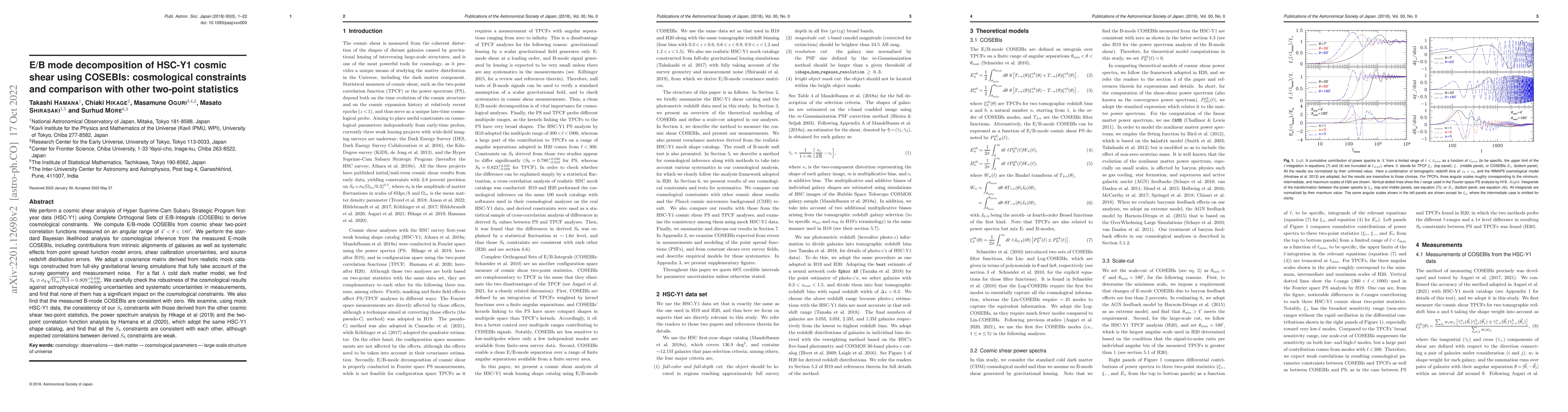 Thumbnail for E/B mode decomposition of HSC-Y1 cosmic shear using COSEBIs:
  cosmological constraints and comparison with other two-point statistics