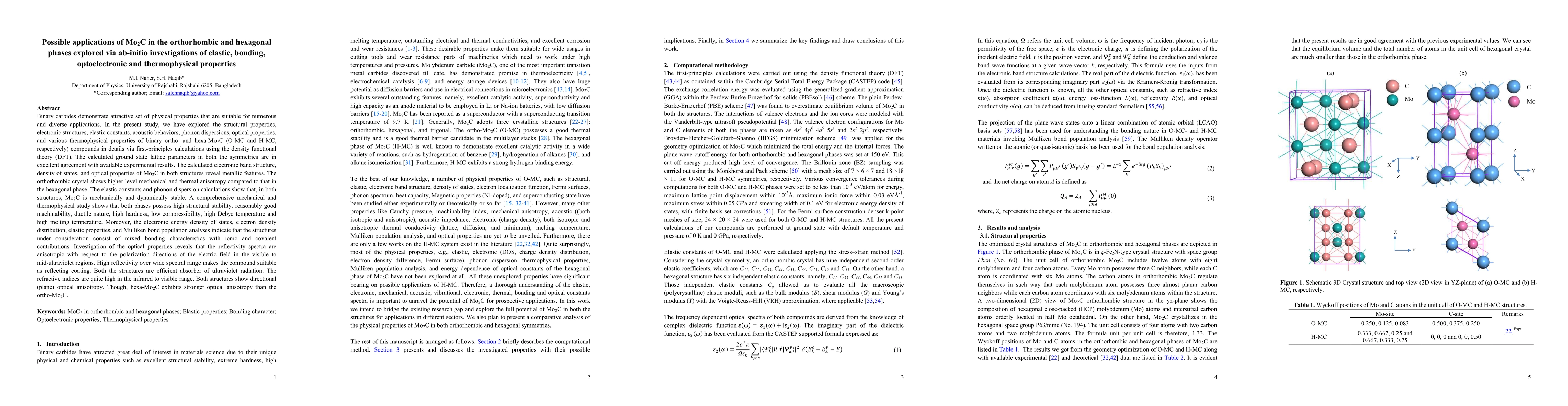 Thumbnail for Possible applications of Mo2C in the orthorhombic and hexagonal phases
  explored via ab-initio investigations of elastic, bonding, optoelectronic and
  thermophysical properties