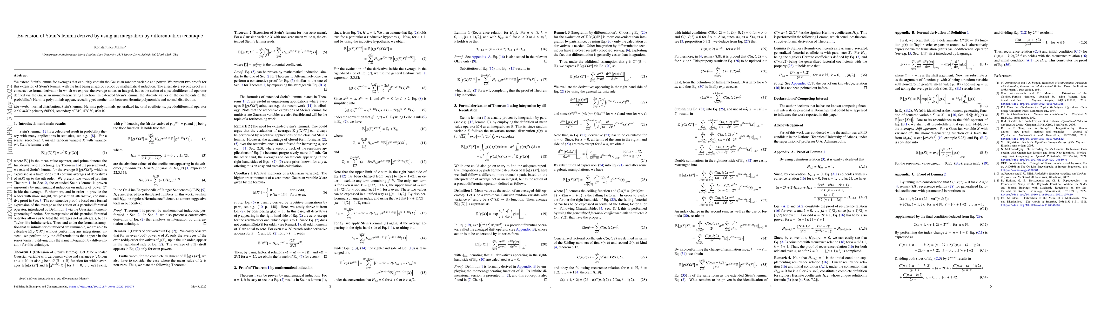 Thumbnail for Extension of Stein's lemma derived by using an integration by
  differentiation technique