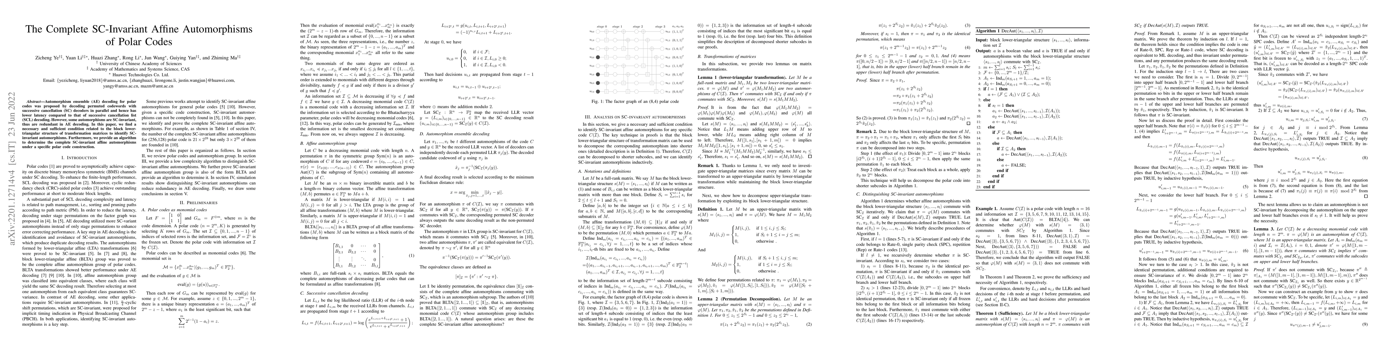 Thumbnail for The Complete SC-invariant Affine Automorphisms of Polar Codes