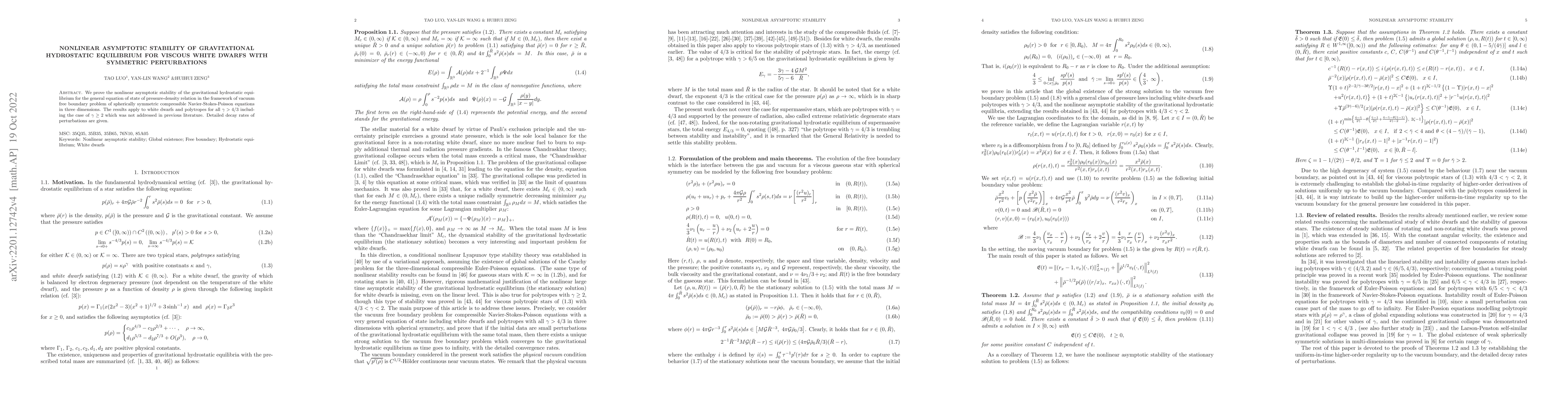 Thumbnail for Nonlinear Asymptotic Stability of Gravitational Hydrostatic Equilibrium
  for Viscous White Dwarfs with Symmetric Perturbations