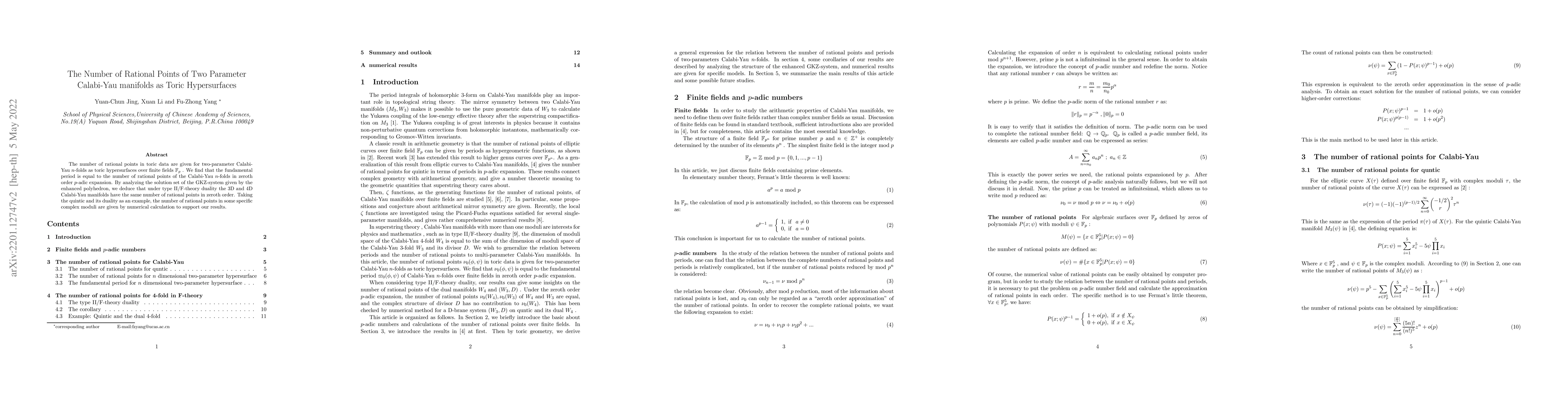 Thumbnail for The Number of Rational Points of Two Parameter Calabi-Yau manifolds as
  Toric Hypersurfaces