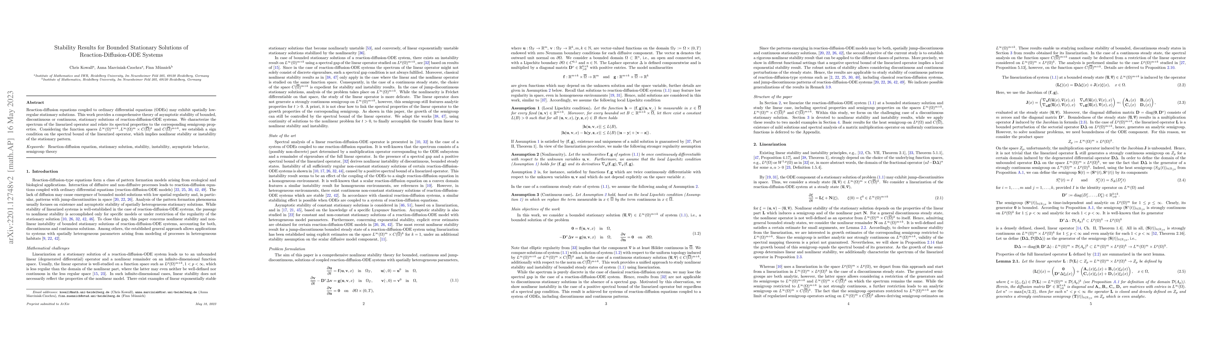 Thumbnail for Stability Results for Bounded Stationary Solutions of
  Reaction-Diffusion-ODE Systems