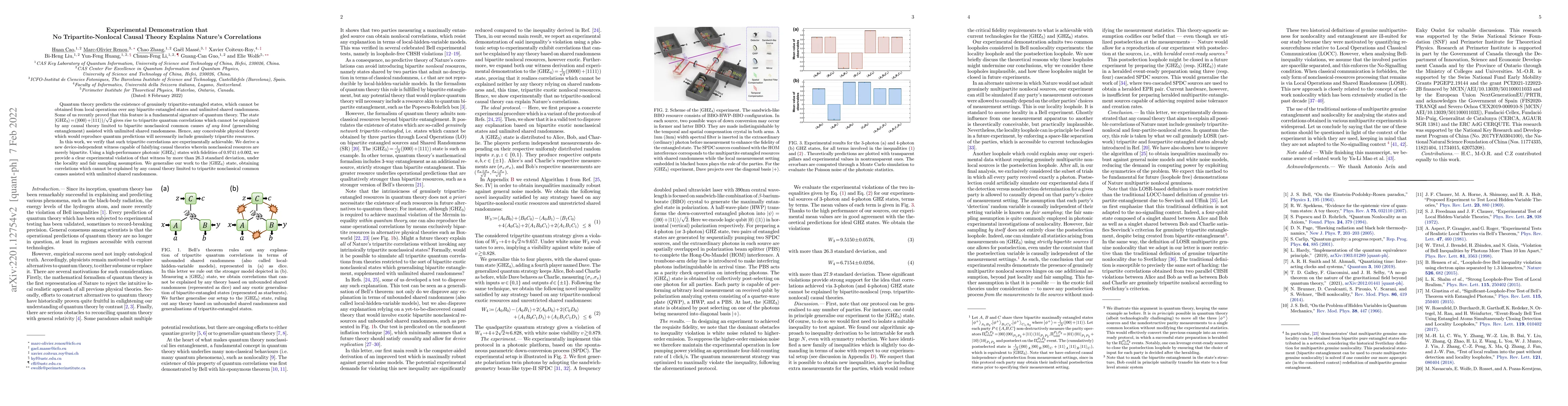 Thumbnail for Experimental Demonstration that No Tripartite-Nonlocal Causal Theory
  Explains Nature's Correlations