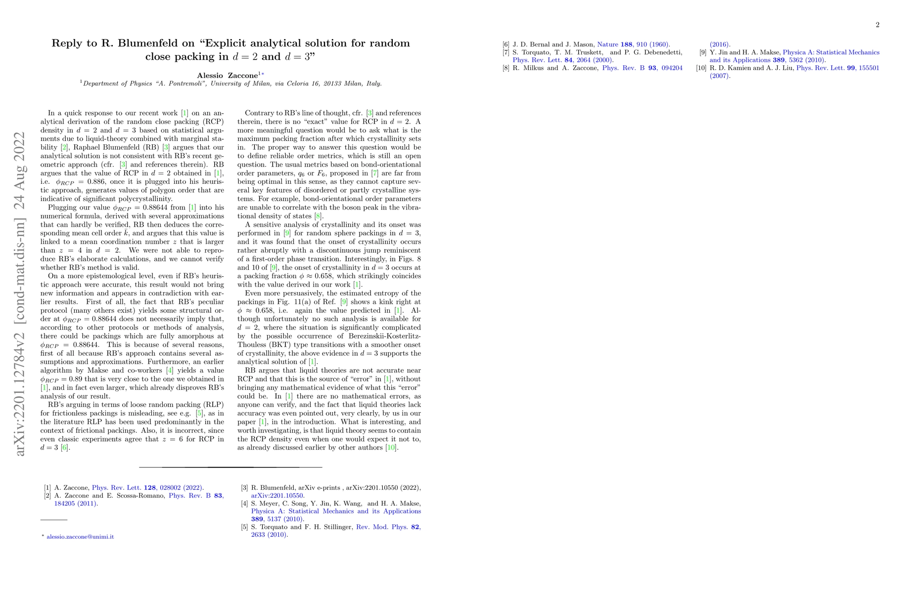 Thumbnail for Reply to R. Blumenfeld on "Explicit analytical solution for random close
  packing in $d=2$ and $d=3$"