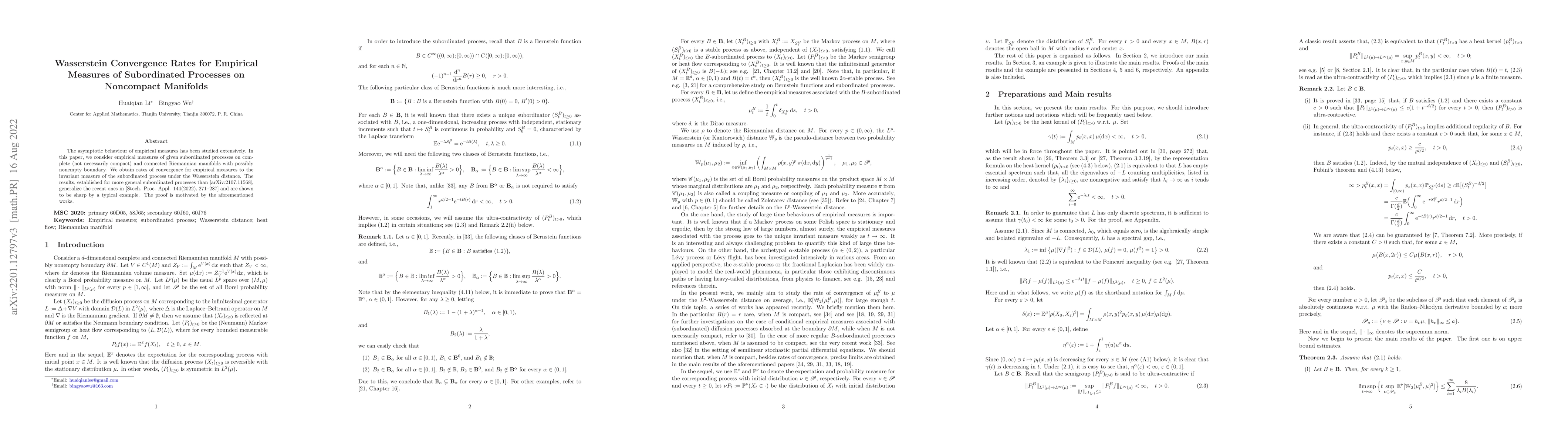 Thumbnail for Wasserstein Convergence Rates for Empirical Measures of Subordinated
  Processes on Noncompact Manifolds