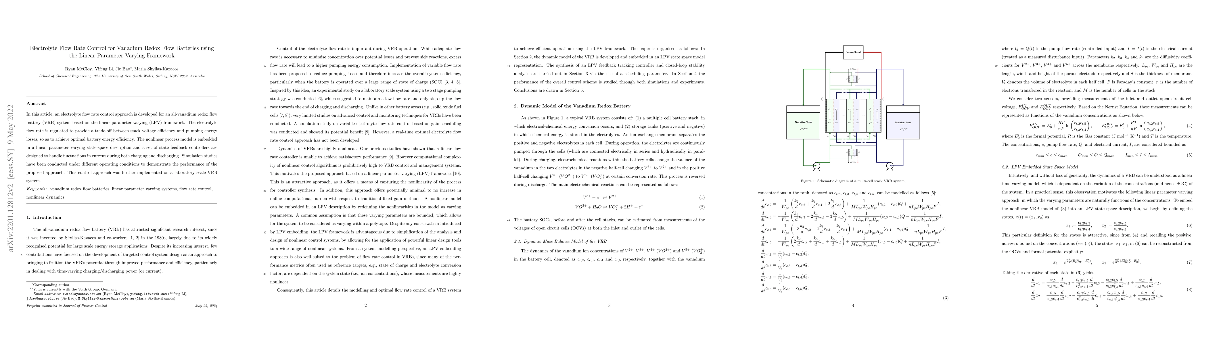 Thumbnail for Electrolyte Flow Rate Control for Vanadium Redox Flow Batteries using
  the Linear Parameter Varying Framework
