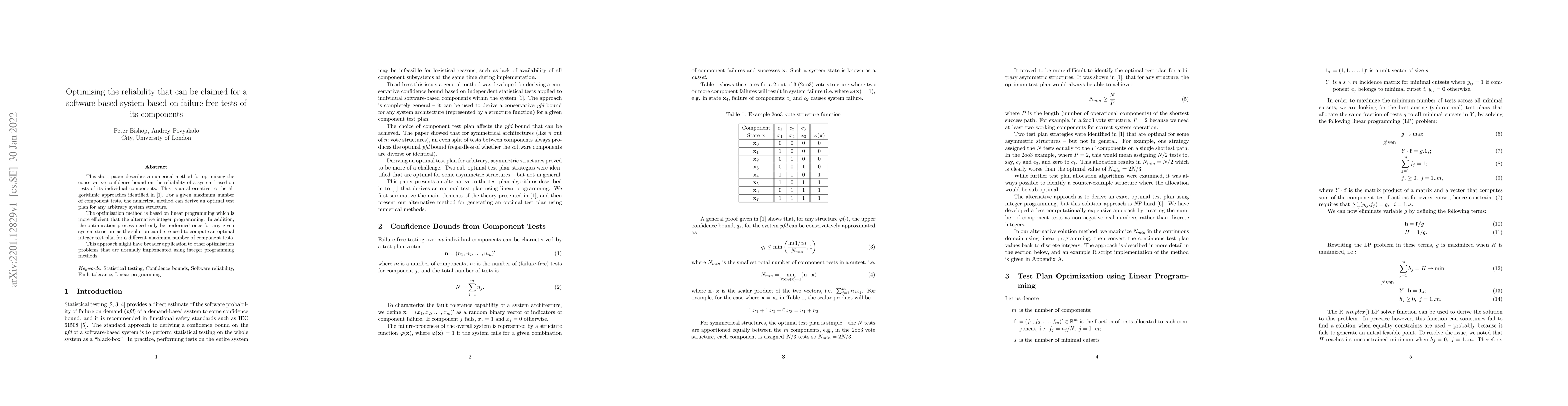 Thumbnail for Optimising the reliability that can be claimed for a software-based
  system based on failure-free tests of its components