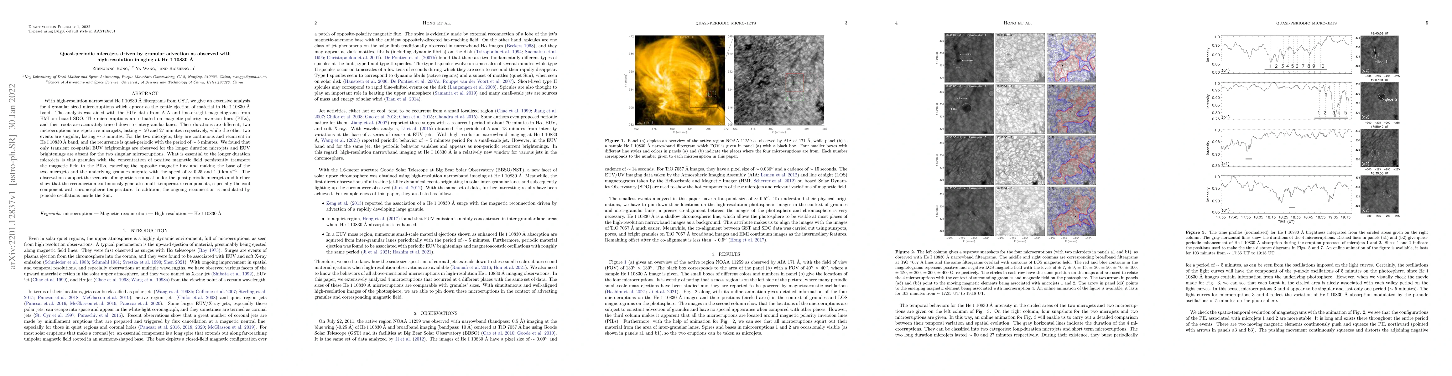 Thumbnail for Quasi-periodic microjets driven by granular advection as observed with
  high-resolution imaging at He I 10830 \r{A}