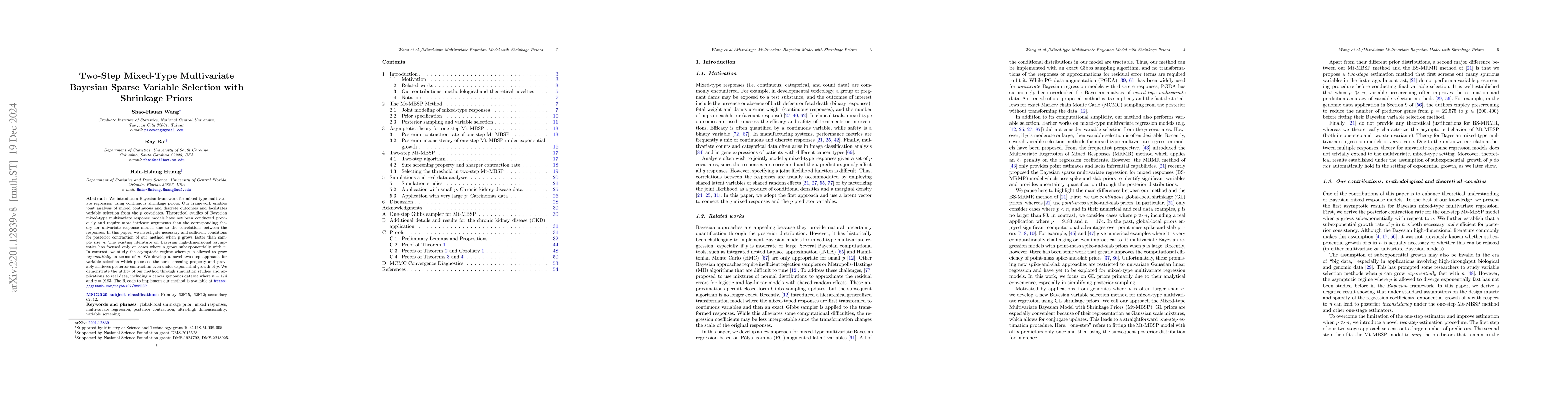 Thumbnail for Two-Step Mixed-Type Multivariate Bayesian Sparse Variable Selection with
  Shrinkage Priors