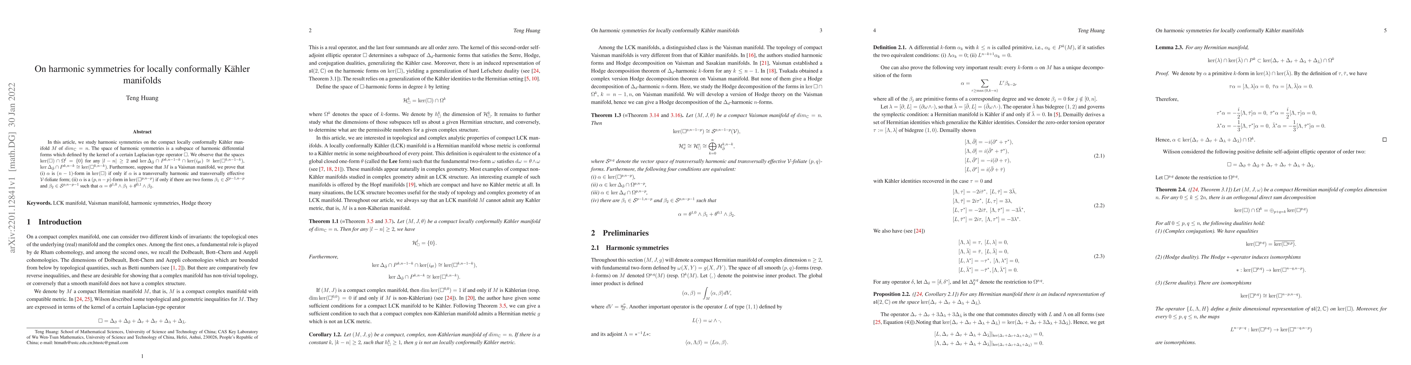 Thumbnail for On harmonic symmetries for locally conformally K\"{a}hler manifolds