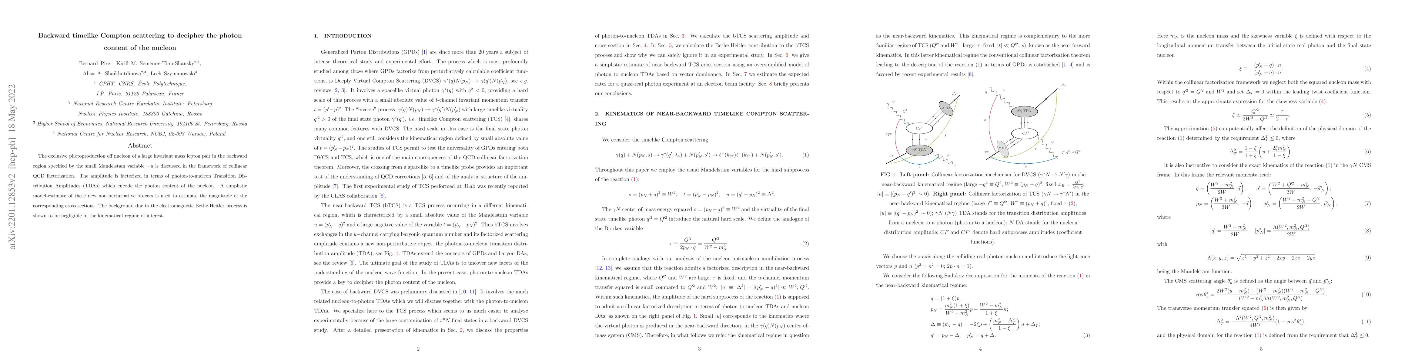 Thumbnail for Backward timelike Compton scattering to decipher the photon content of
  the nucleon