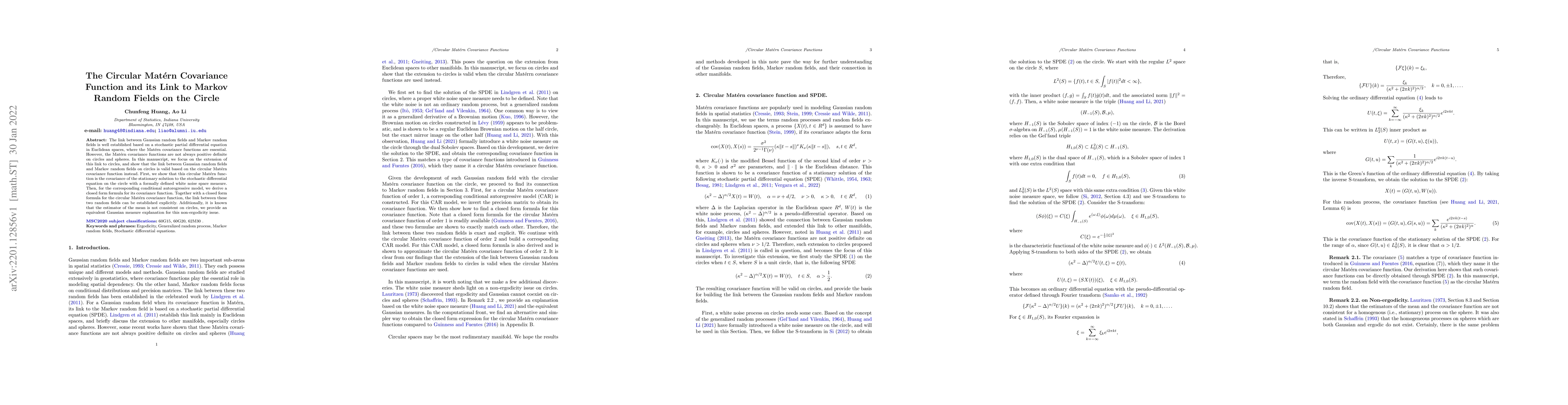 Thumbnail for The Circular Matern Covariance Function and its Link to Markov Random
  Fields on the Circle
