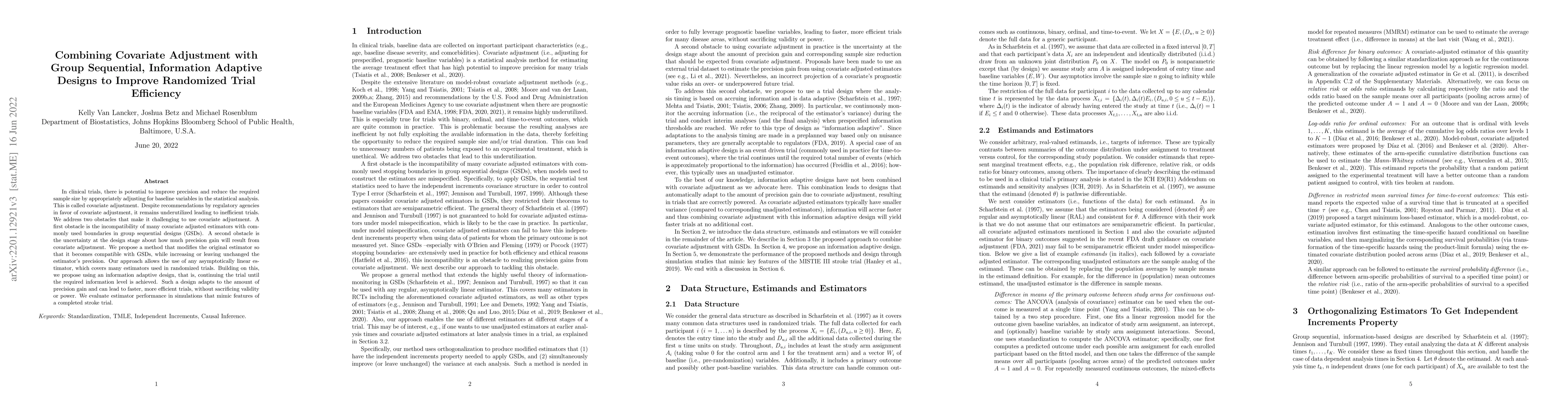 Thumbnail for Combining Covariate Adjustment with Group Sequential, Information
  Adaptive Designs to Improve Randomized Trial Efficiency
