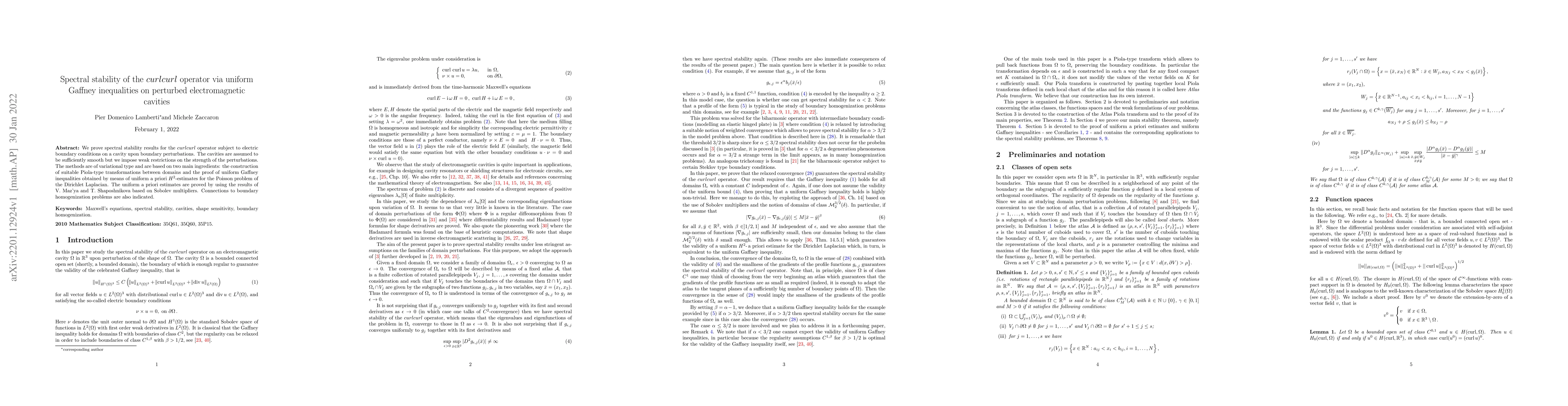 Thumbnail for Spectral stability of the $curl curl$ operator via uniform Gaffney
  inequalities on perturbed electromagnetic cavities