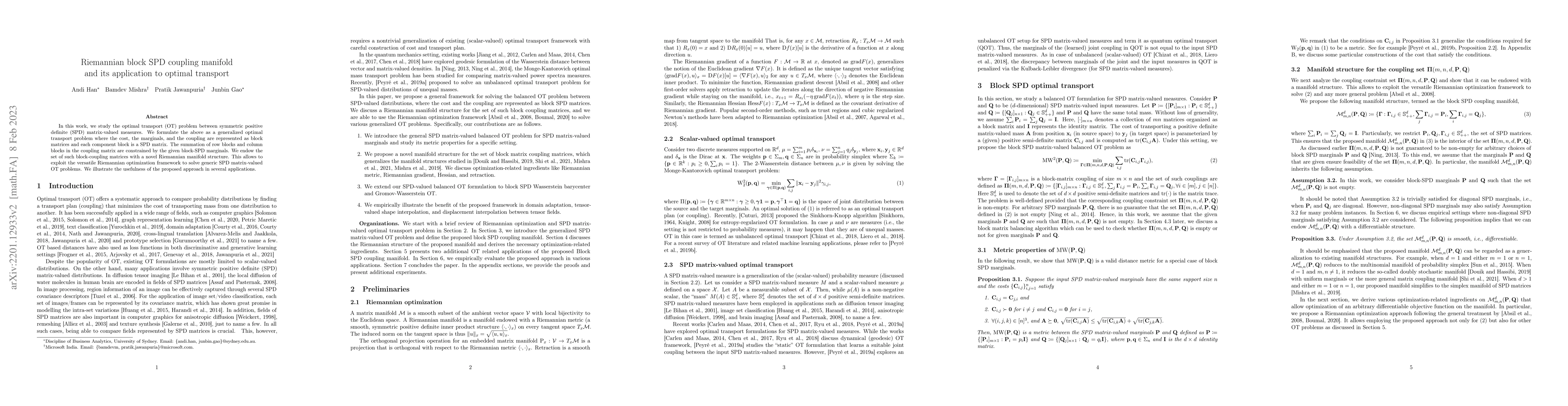 Thumbnail for Riemannian block SPD coupling manifold and its application to optimal
  transport