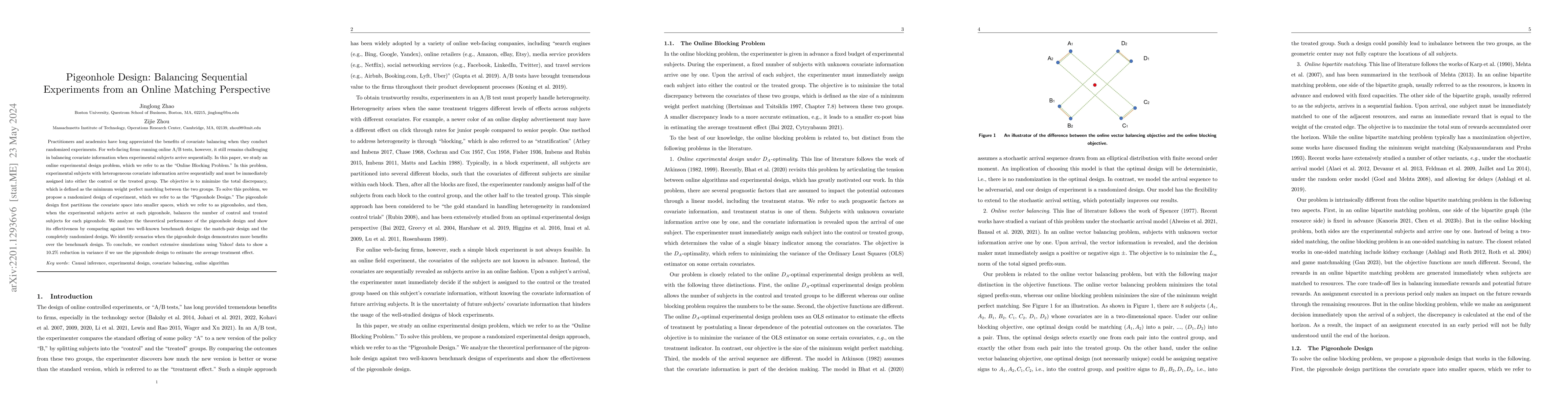 Thumbnail for Pigeonhole Design: Balancing Sequential Experiments from an Online
  Matching Perspective