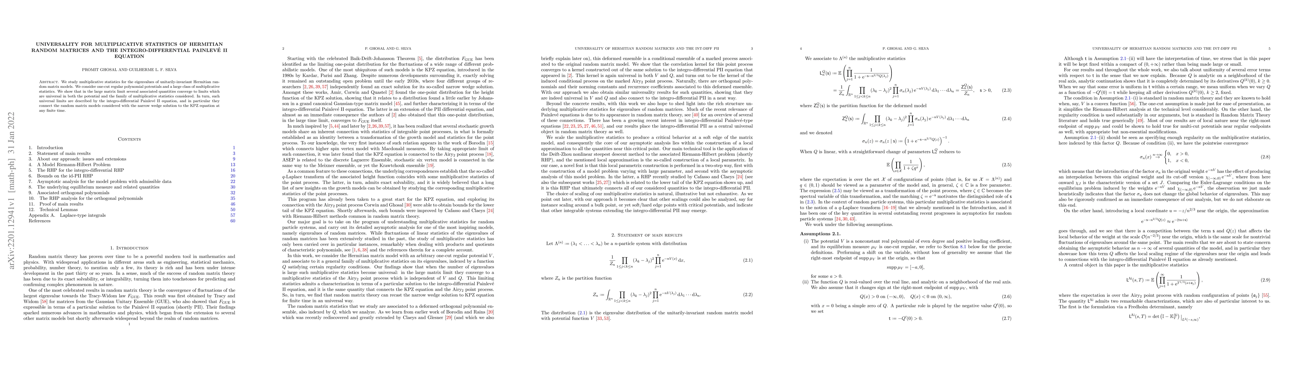 Thumbnail for Universality for multiplicative statistics of Hermitian random matrices
  and the integro-differential Painlev\'e II equation