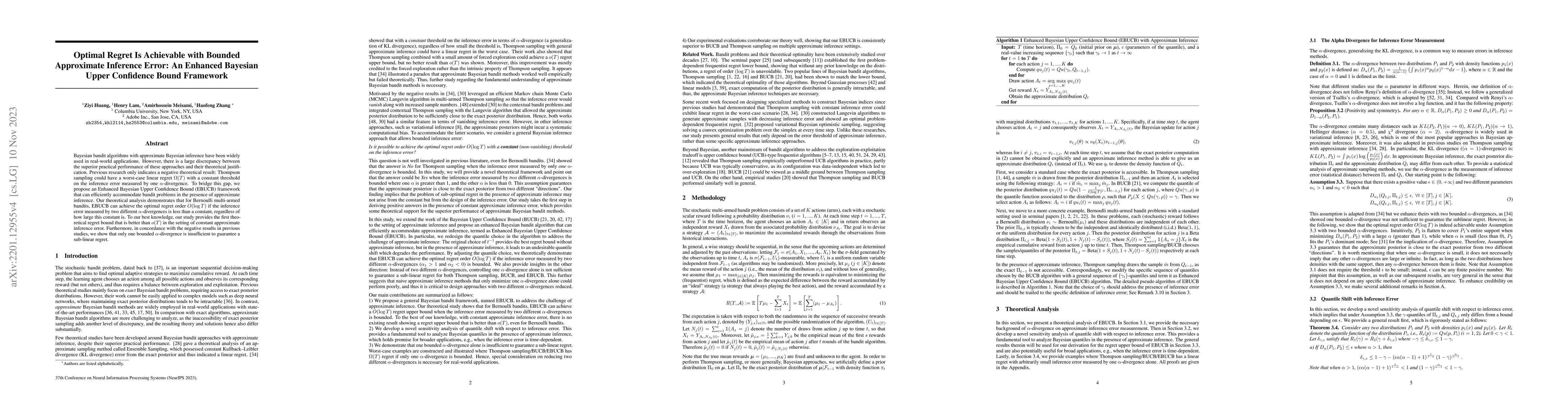 Thumbnail for Optimal Regret Is Achievable with Bounded Approximate Inference Error:
  An Enhanced Bayesian Upper Confidence Bound Framework