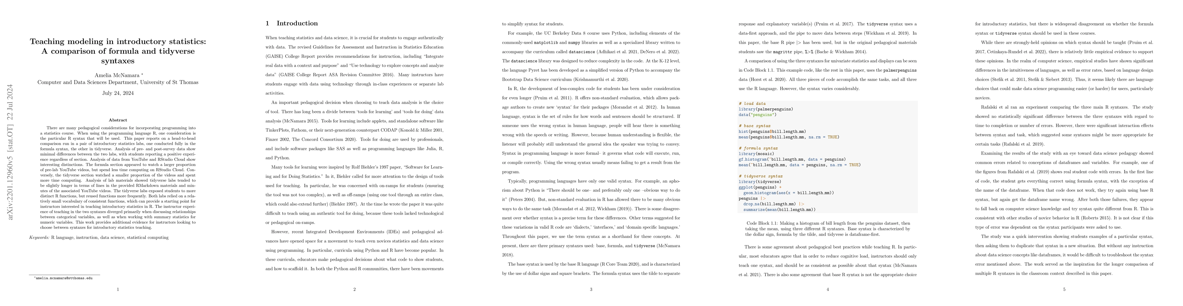 Thumbnail for Teaching modeling in introductory statistics: A comparison of formula
  and tidyverse syntaxes