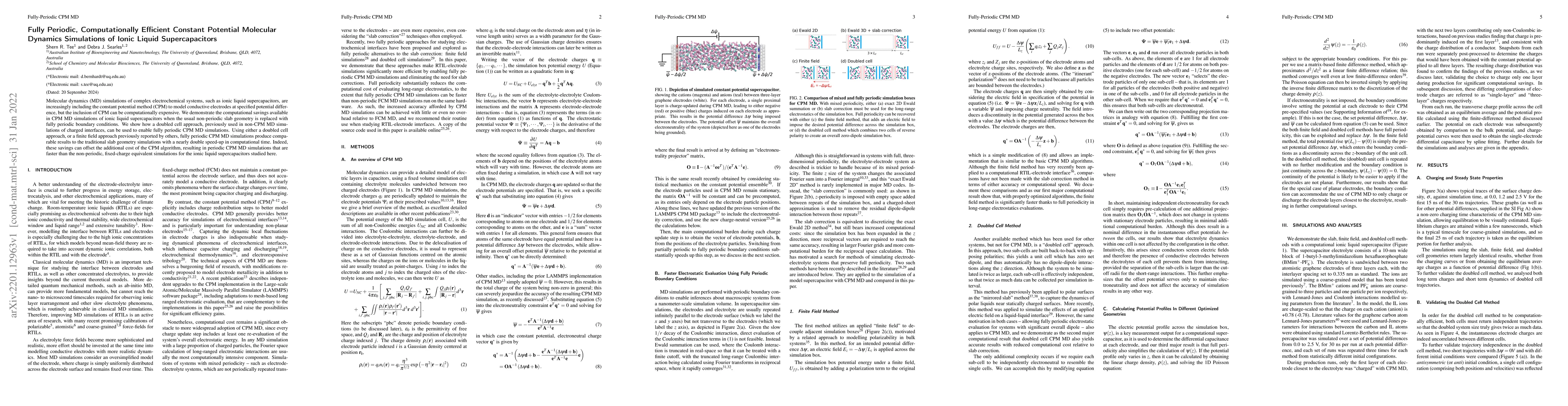 Thumbnail for Fully Periodic, Computationally Efficient Constant Potential Molecular
  Dynamics Simulations of Ionic Liquid Supercapacitors