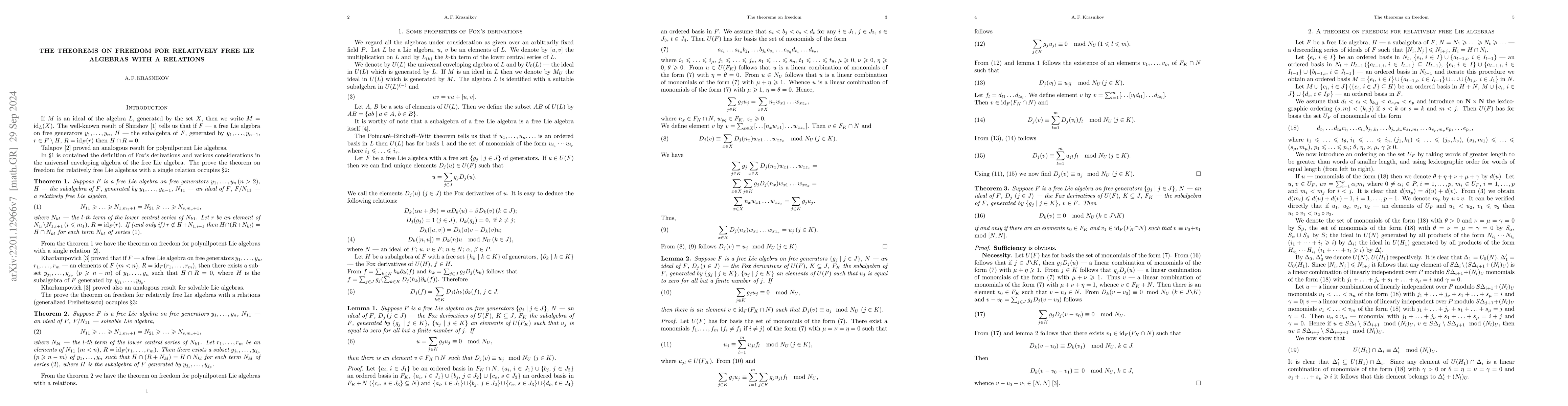 Thumbnail for The theorems on freedom for relatively free Lie algebras with a
  relations