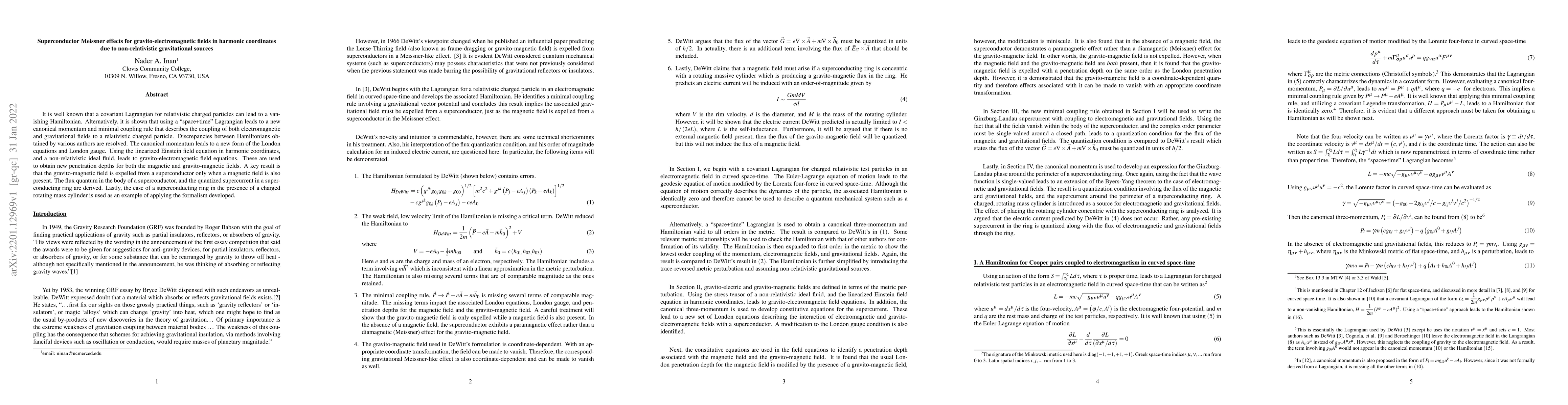 Thumbnail for Superconductor Meissner effects for gravito-electromagnetic fields in
  harmonic coordinates due to non-relativistic gravitational sources