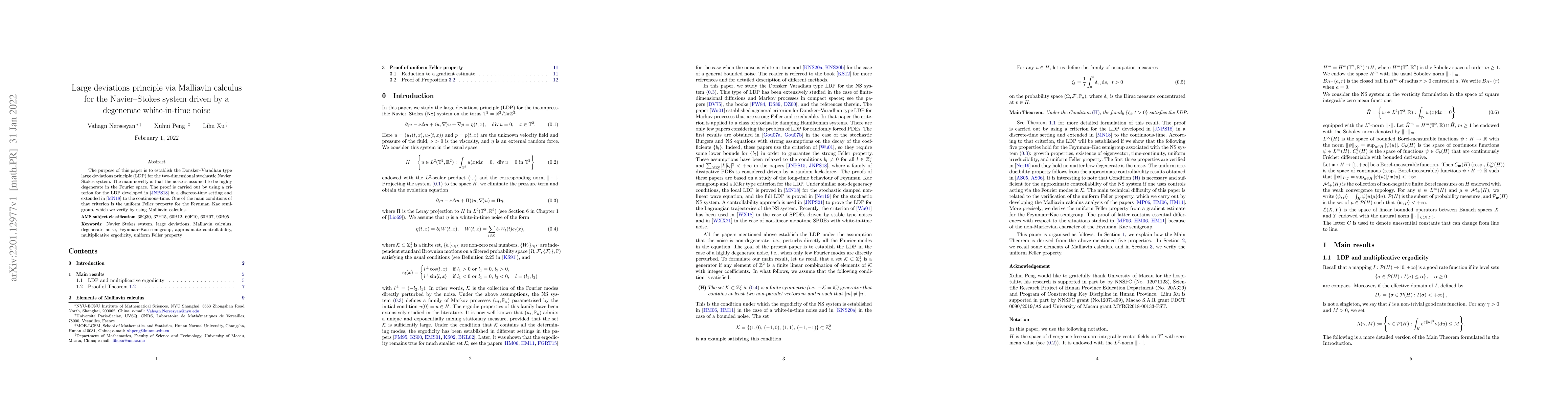 Thumbnail for Large deviations principle via Malliavin calculus for the Navier-Stokes
  system driven by a degenerate white-in-time noise