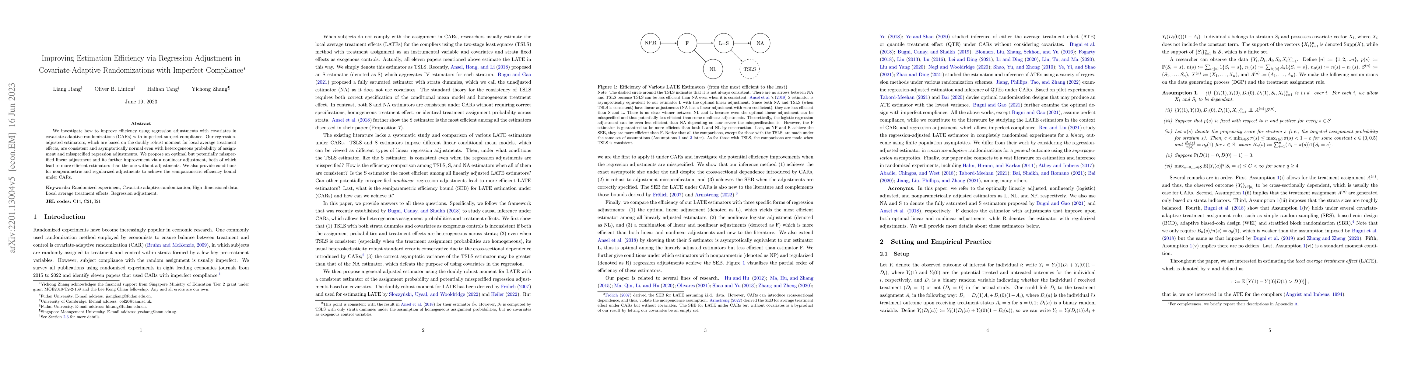 Thumbnail for Improving Estimation Efficiency via Regression-Adjustment in
  Covariate-Adaptive Randomizations with Imperfect Compliance