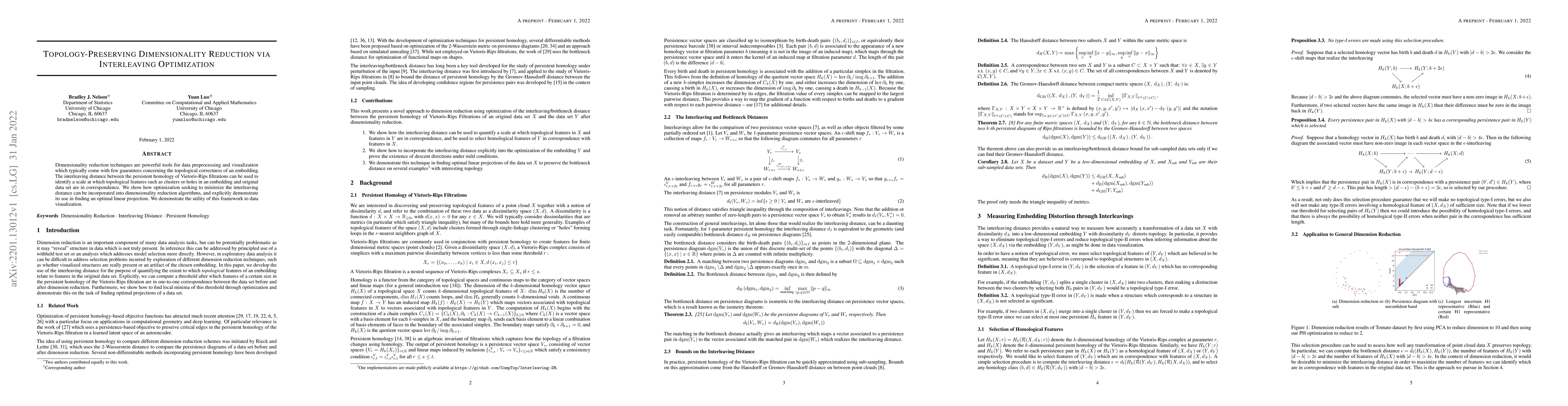 Thumbnail for Topology-Preserving Dimensionality Reduction via Interleaving
  Optimization