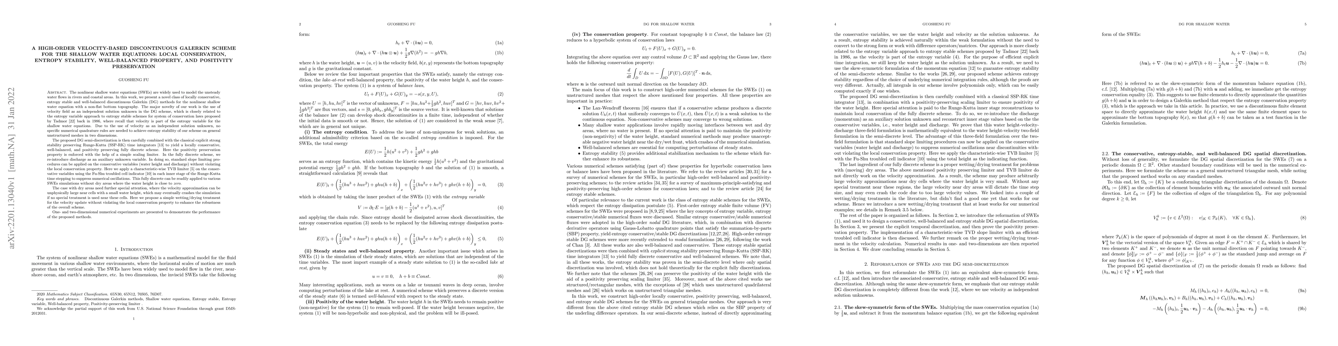 Thumbnail for A high-order velocity-based discontinuous Galerkin scheme for the
  shallow water equations: local conservation, entropy stability, well-balanced
  property, and positivity preservation