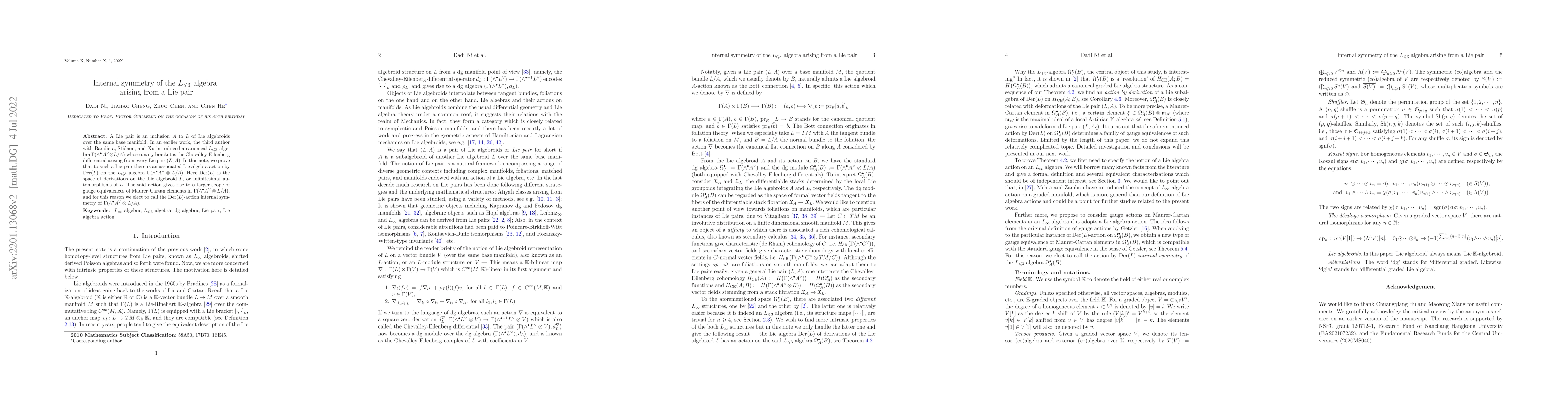 Thumbnail for Internal symmetry of the $L_{\leqslant 3}$ algebra arising from a Lie
  pair
