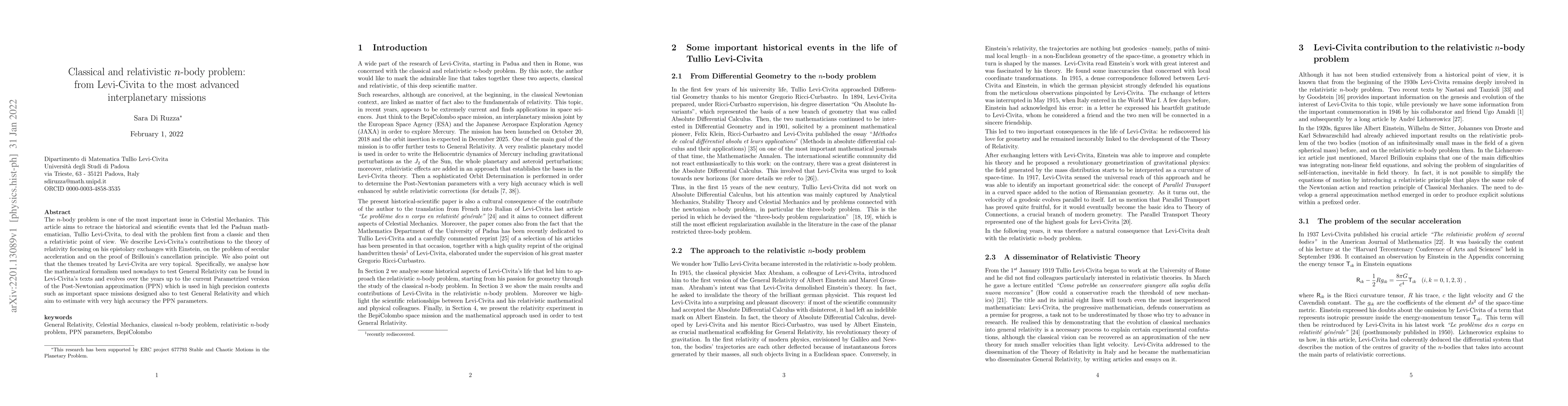 Thumbnail for Classical and relativistic n-body problem: from Levi-Civita to the most
  advanced interplanetary missions