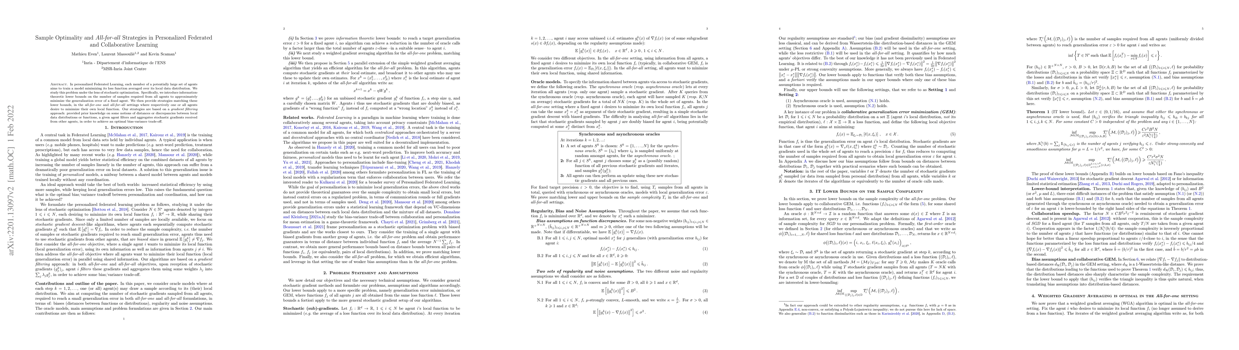 Thumbnail for Sample Optimality and All-for-all Strategies in Personalized Federated
  and Collaborative Learning