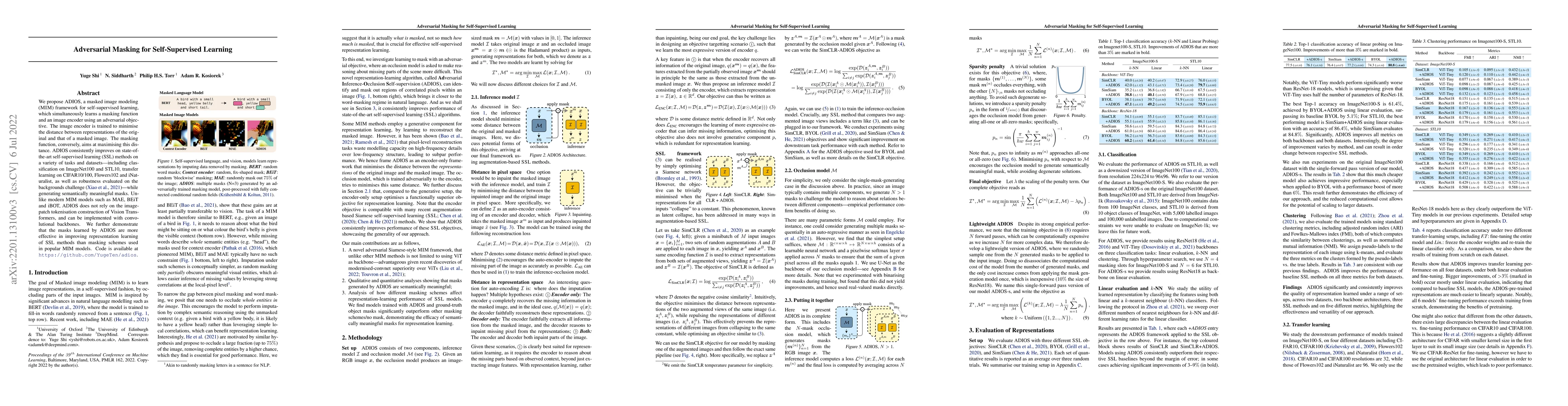 Thumbnail for Adversarial Masking for Self-Supervised Learning