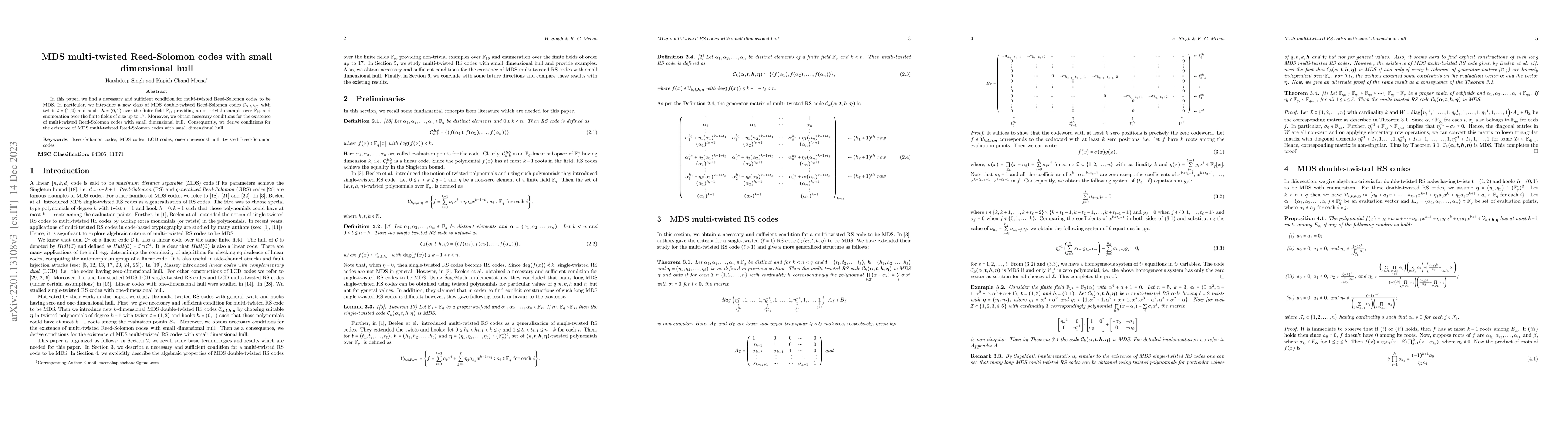 Thumbnail for MDS multi-twisted Reed-Solomon codes with small dimensional hull