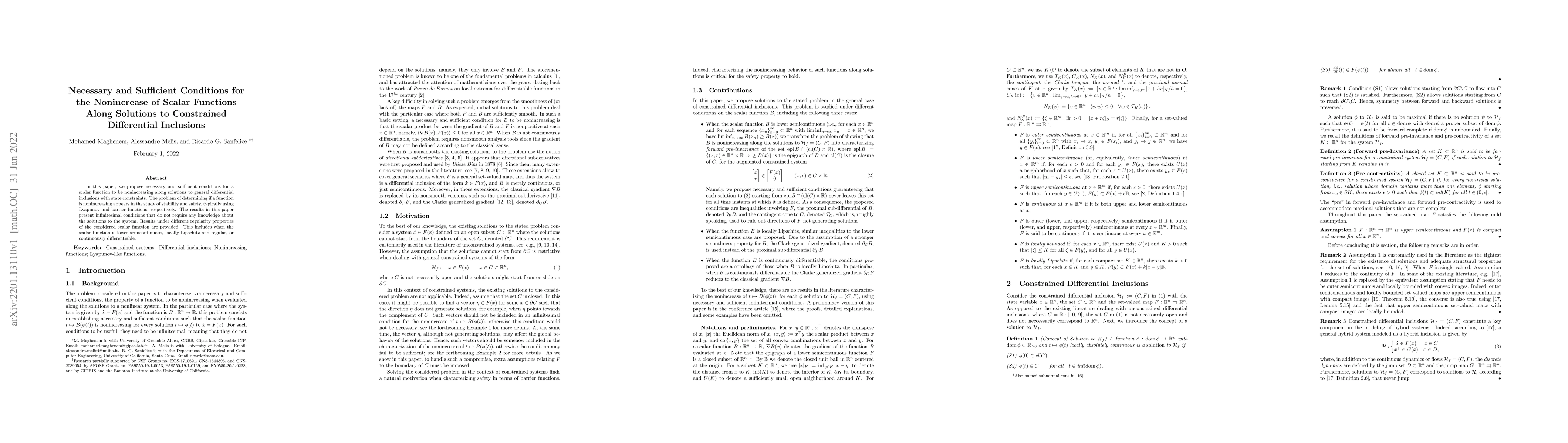 Thumbnail for Necessary and Sufficient Conditions for the Nonincrease of Scalar
  Functions Along Solutions to Constrained Differential Inclusions