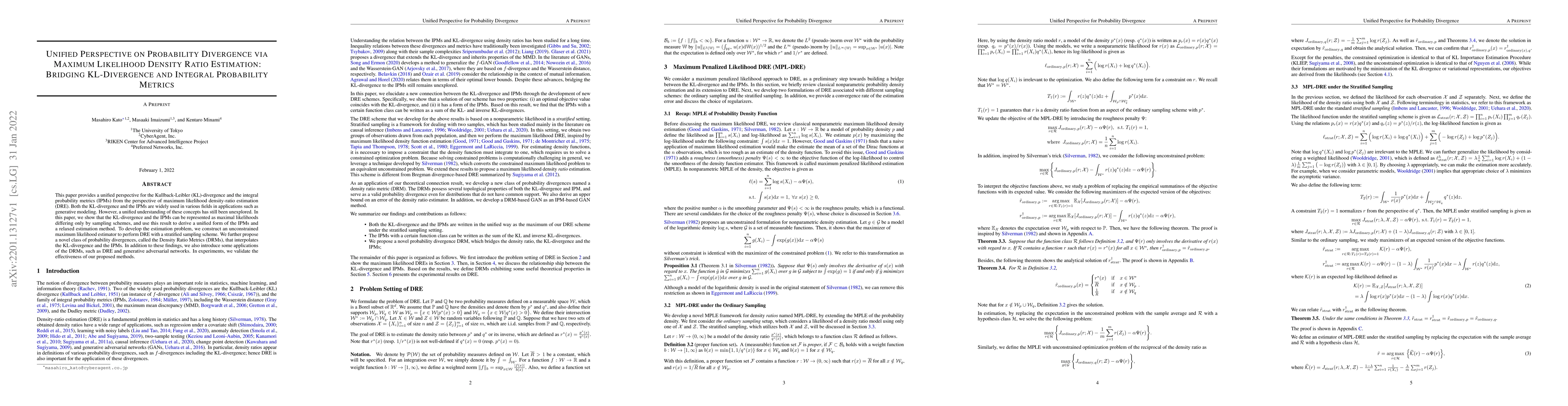 Thumbnail for Unified Perspective on Probability Divergence via Maximum Likelihood
  Density Ratio Estimation: Bridging KL-Divergence and Integral Probability
  Metrics