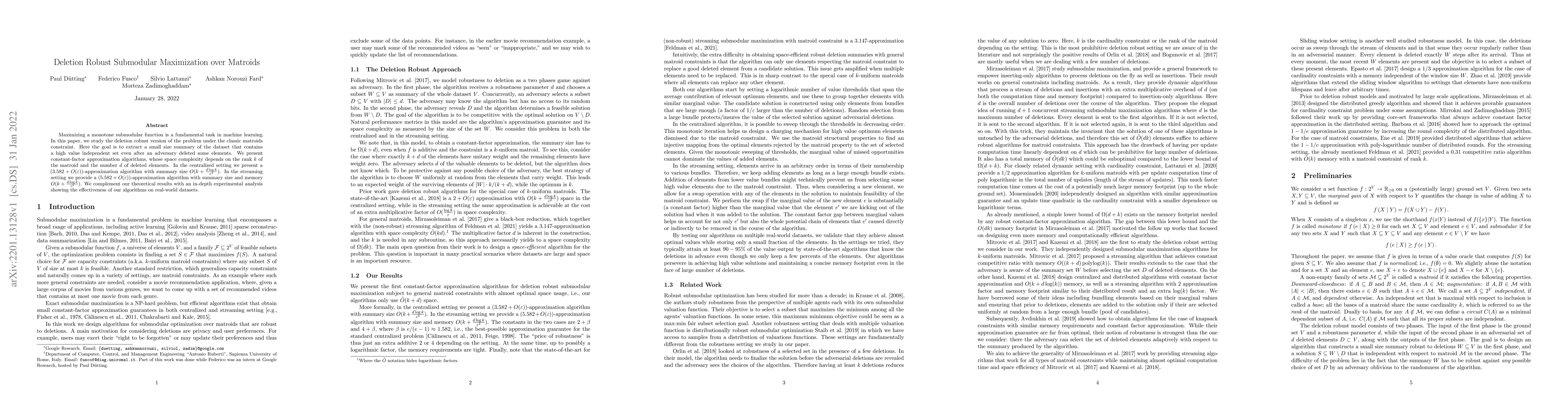 Thumbnail for Deletion Robust Submodular Maximization over Matroids