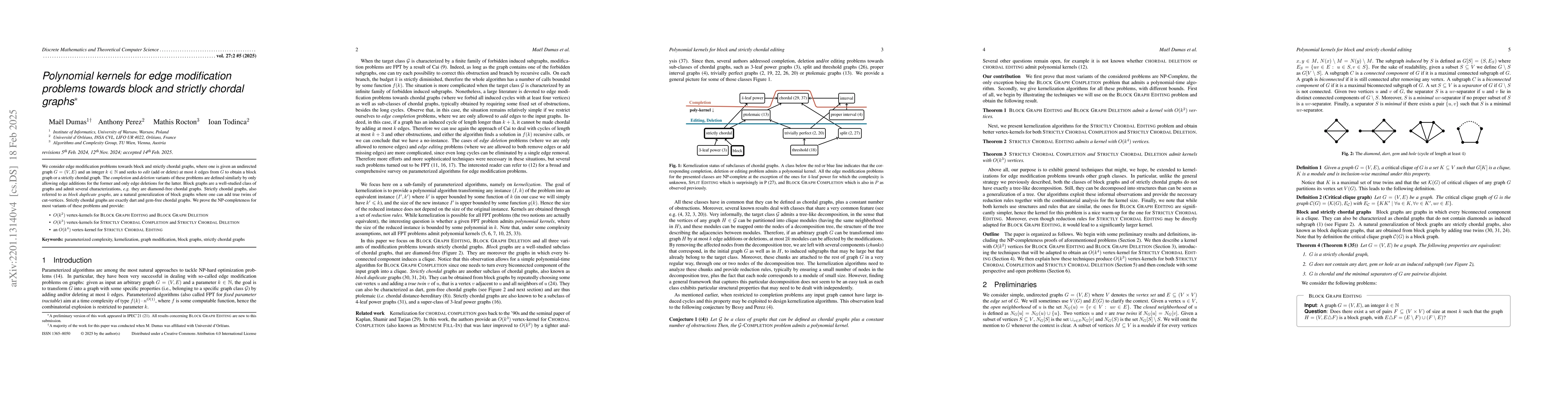 Thumbnail for Polynomial kernels for edge modification problems towards block and
  strictly chordal graphs