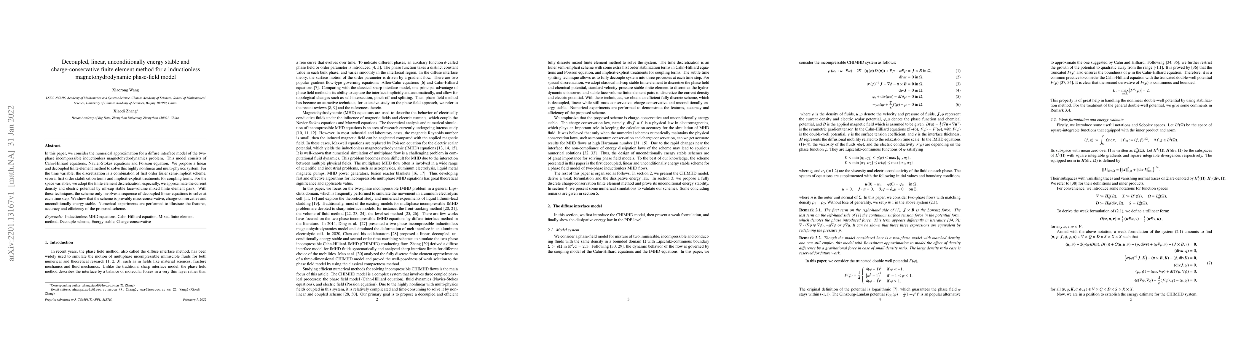 Thumbnail for Decoupled, linear, unconditionally energy stable and charge-conservative
  finite element method for a inductionless magnetohydrodynamic phase-field
  model