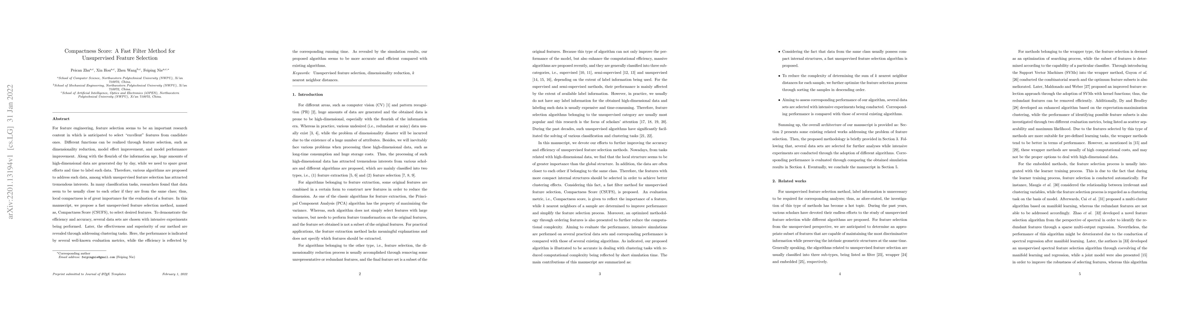 Thumbnail for Compactness Score: A Fast Filter Method for Unsupervised Feature
  Selection