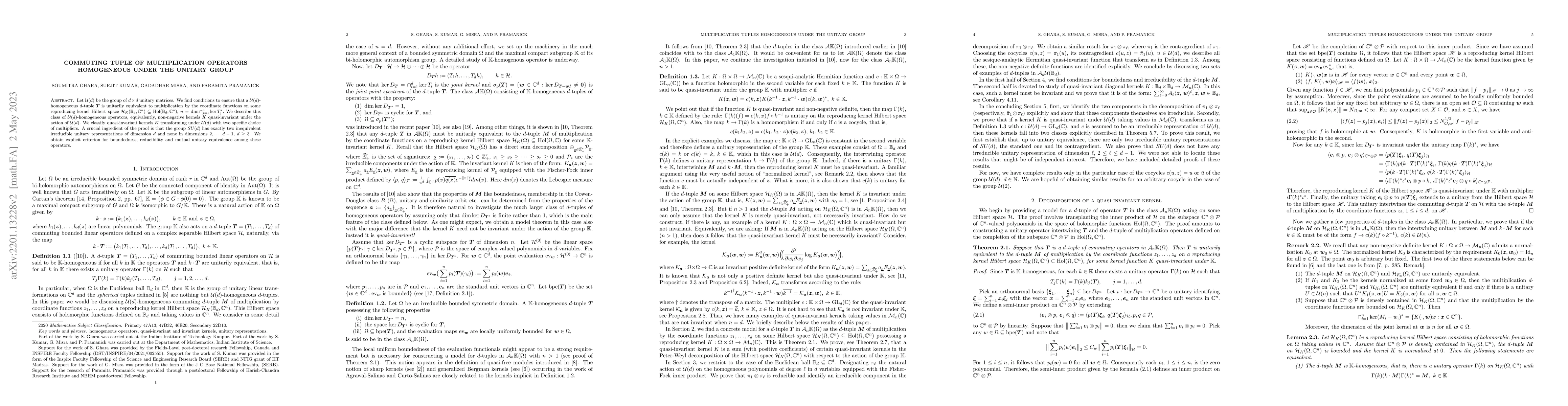 Thumbnail for Commuting Tuple of Multiplication Operators Homogeneous under the
  Unitary Group