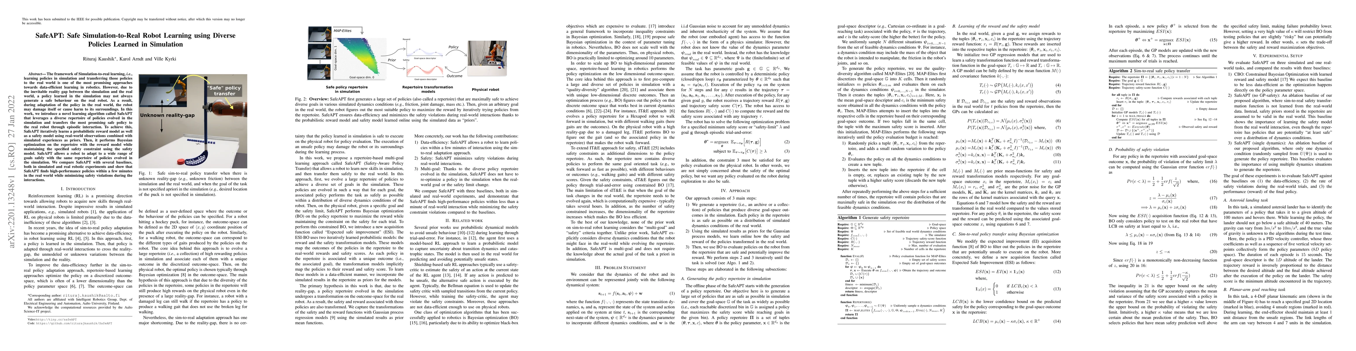Thumbnail for SafeAPT: Safe Simulation-to-Real Robot Learning using Diverse Policies
  Learned in Simulation