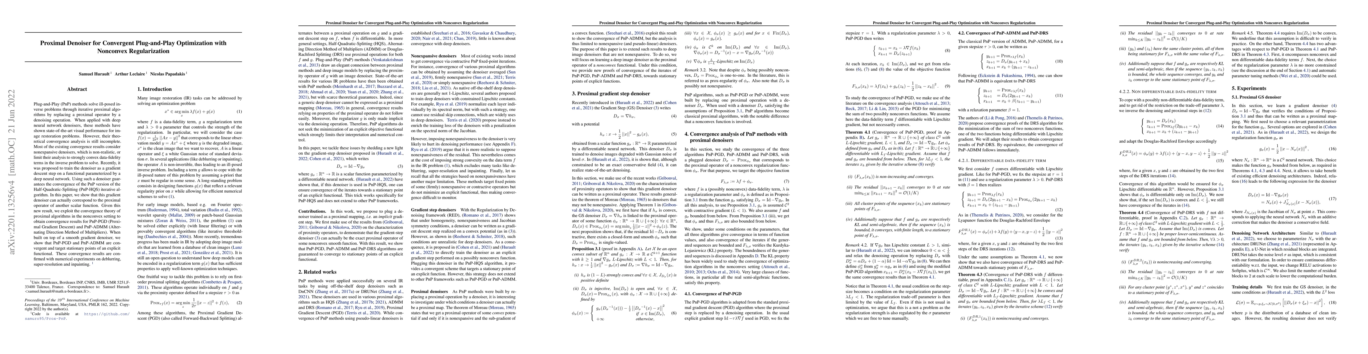 Thumbnail for Proximal Denoiser for Convergent Plug-and-Play Optimization with
  Nonconvex Regularization