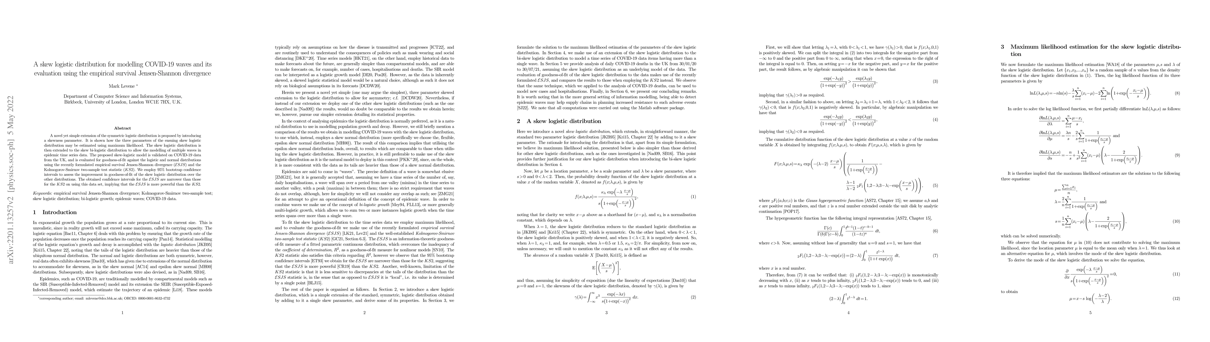Thumbnail for A skew logistic distribution with application to modelling COVID-19
  epidemic waves