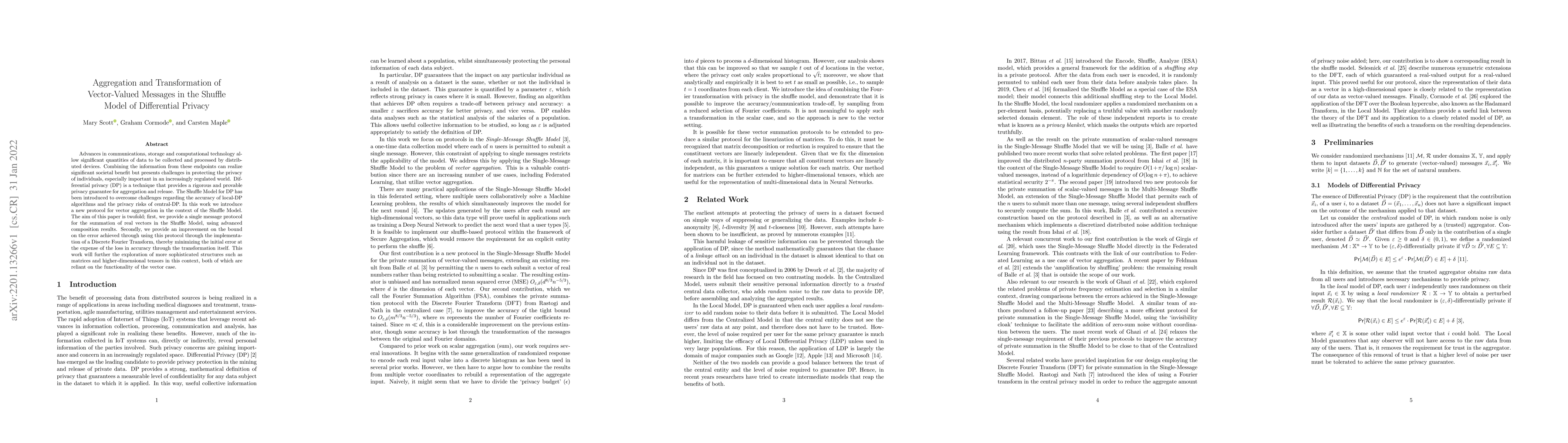 Thumbnail for Aggregation and Transformation of Vector-Valued Messages in the Shuffle
  Model of Differential Privacy