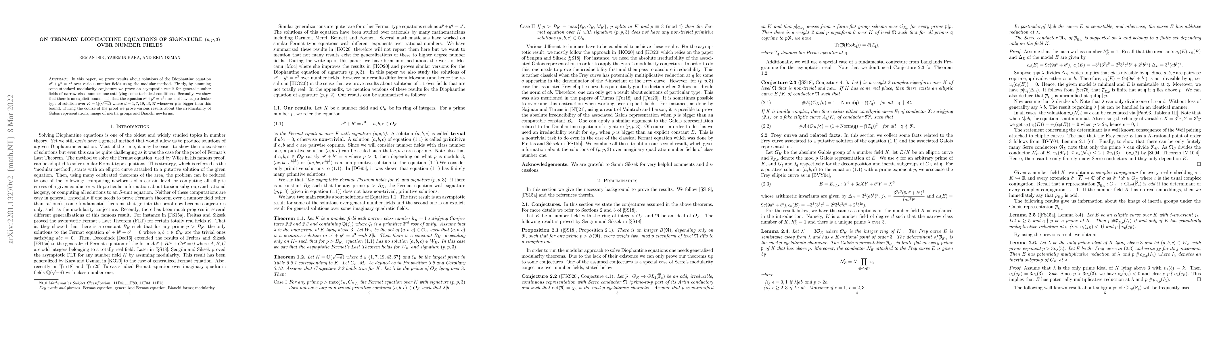 Thumbnail for On Ternary Diophantine Equations of Signature $(p,p,3)$ over Number
  Fields